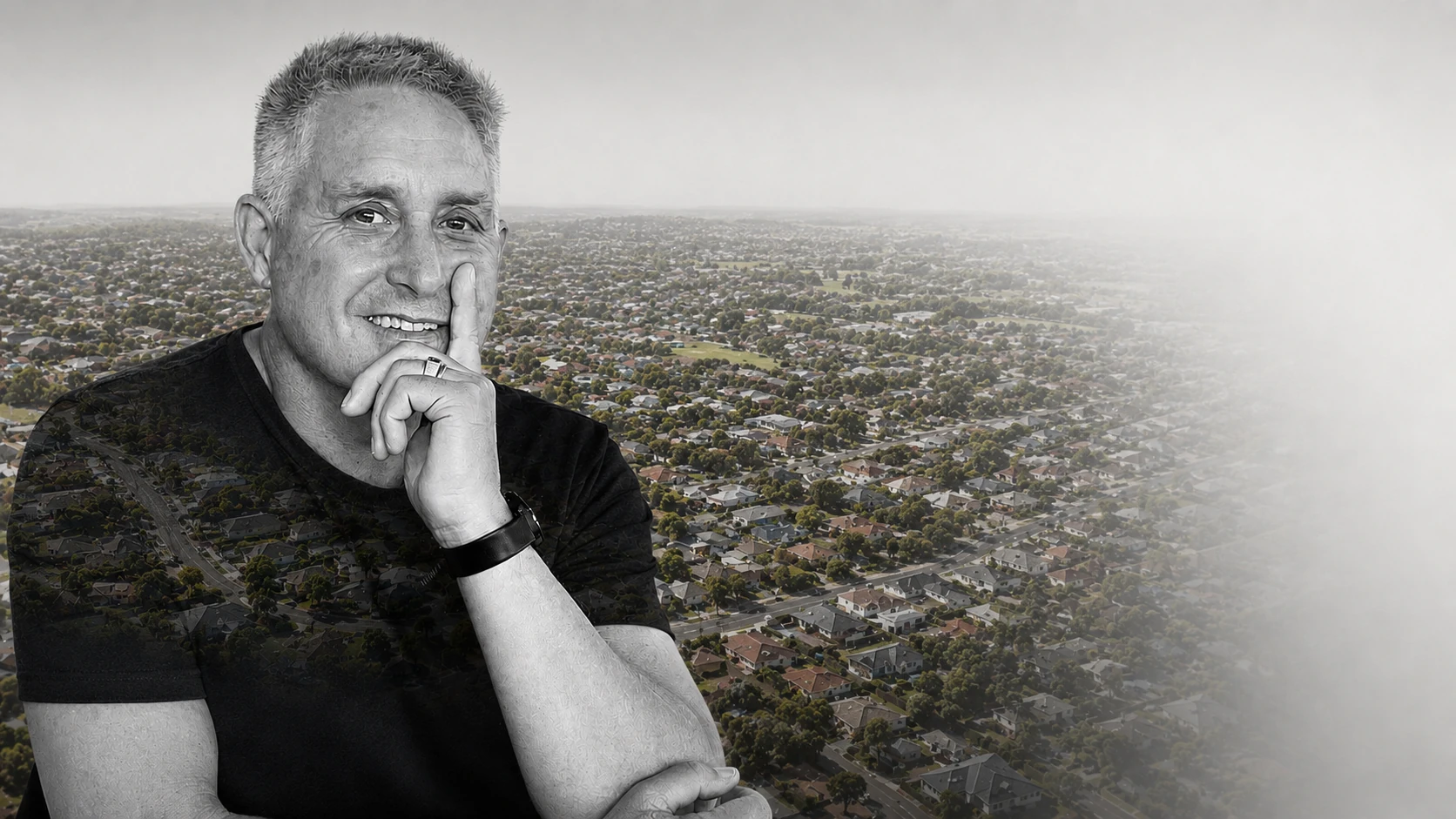 Approved portrait composition of Clinton Barker with South Australian residential property imagery.